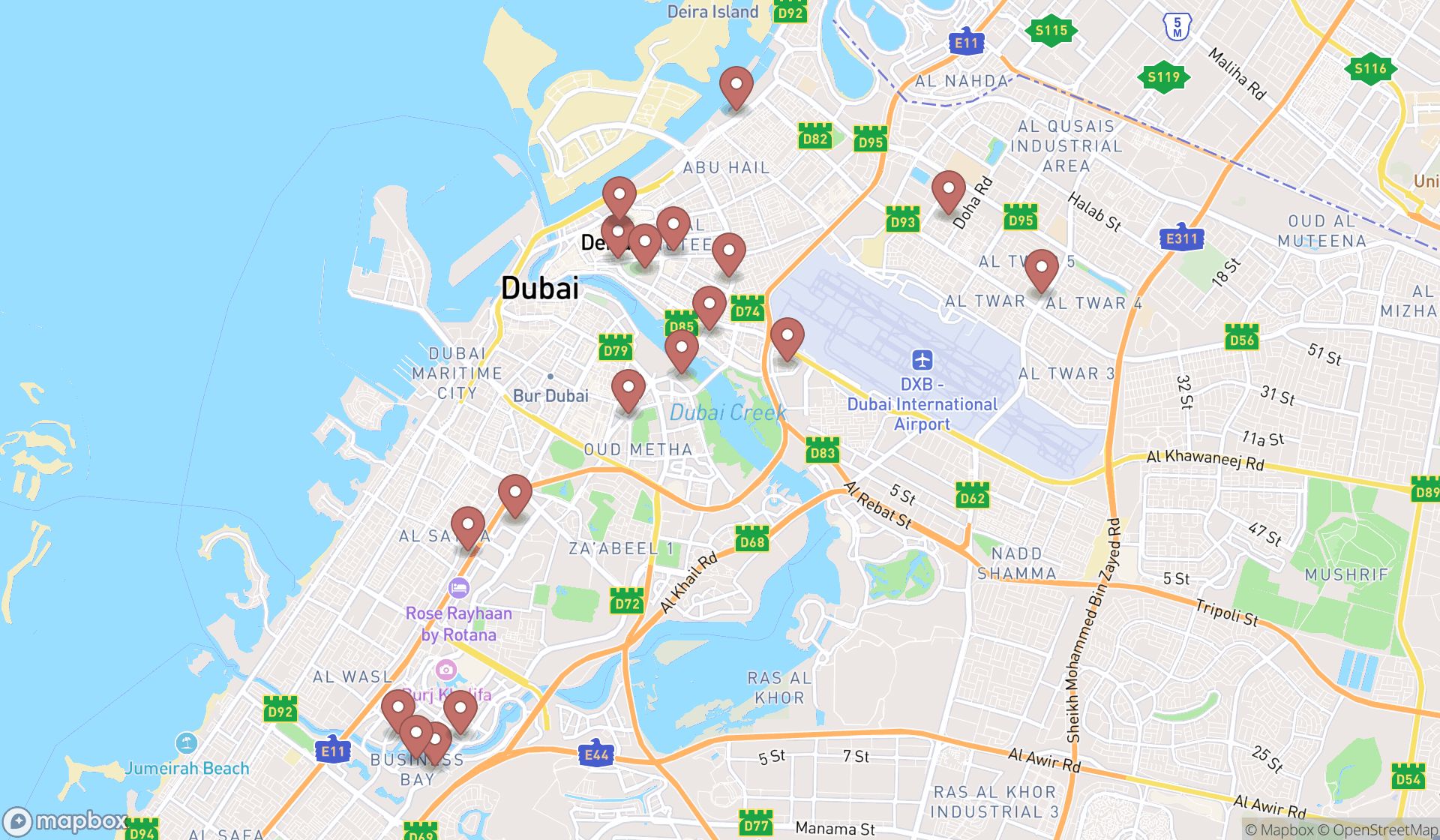Map showing the search results in Dubai