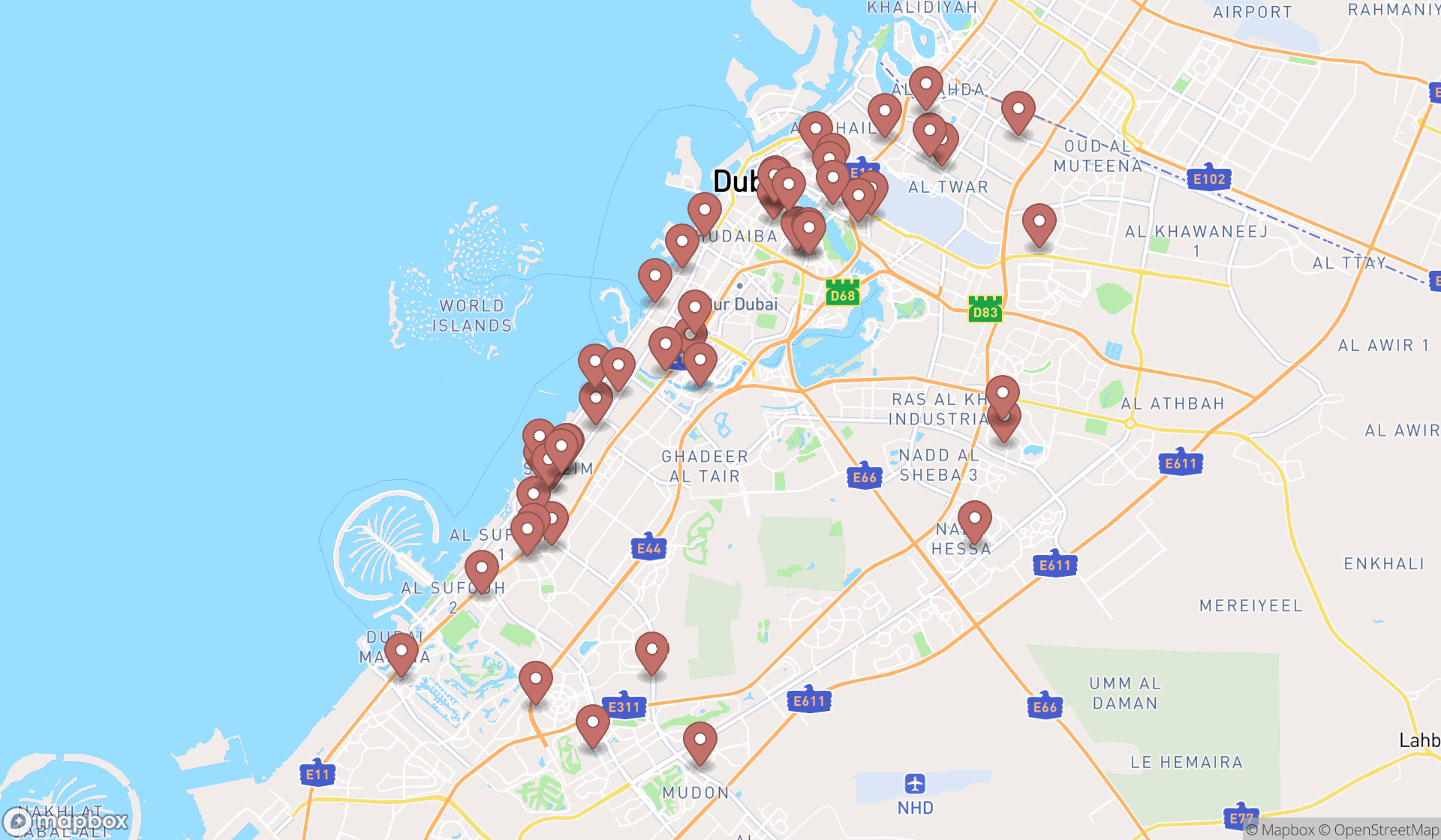 Map showing the search results in Dubai