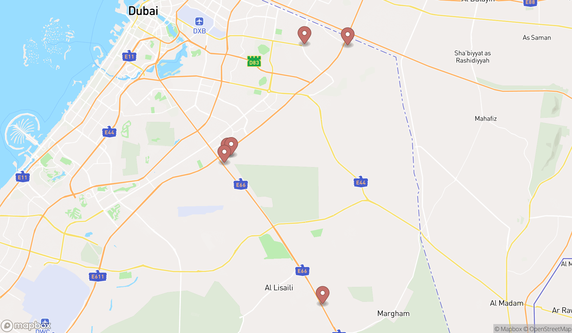 Map showing the search results in Dubai