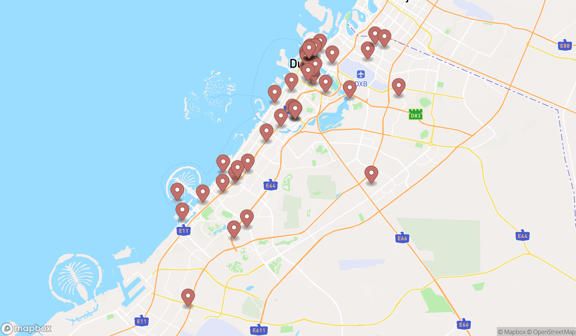 Map showing the search results in Dubai
