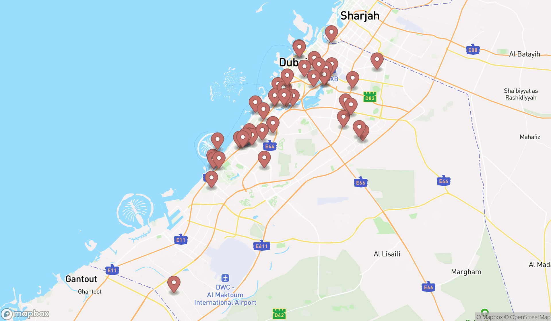 Map showing the search results in Dubai