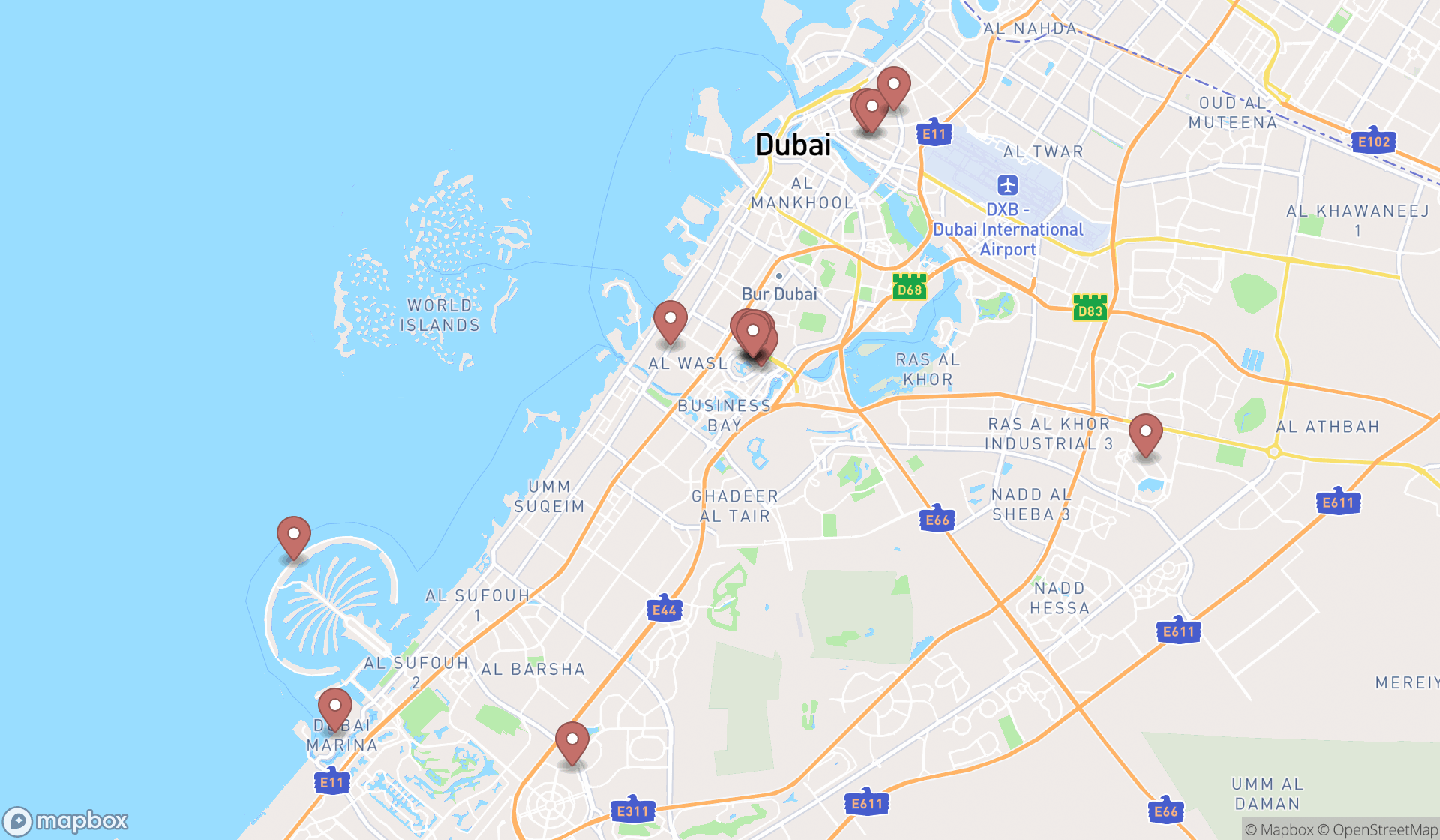 Map showing the search results in Dubai