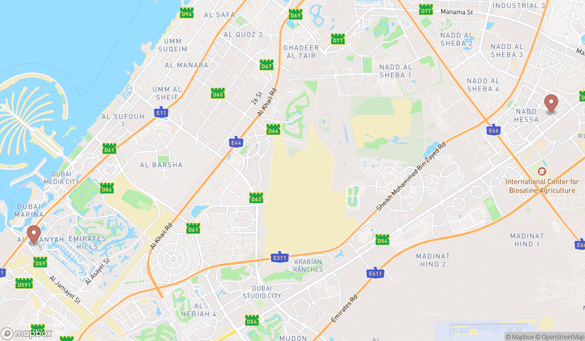 Map showing the search results in Dubai