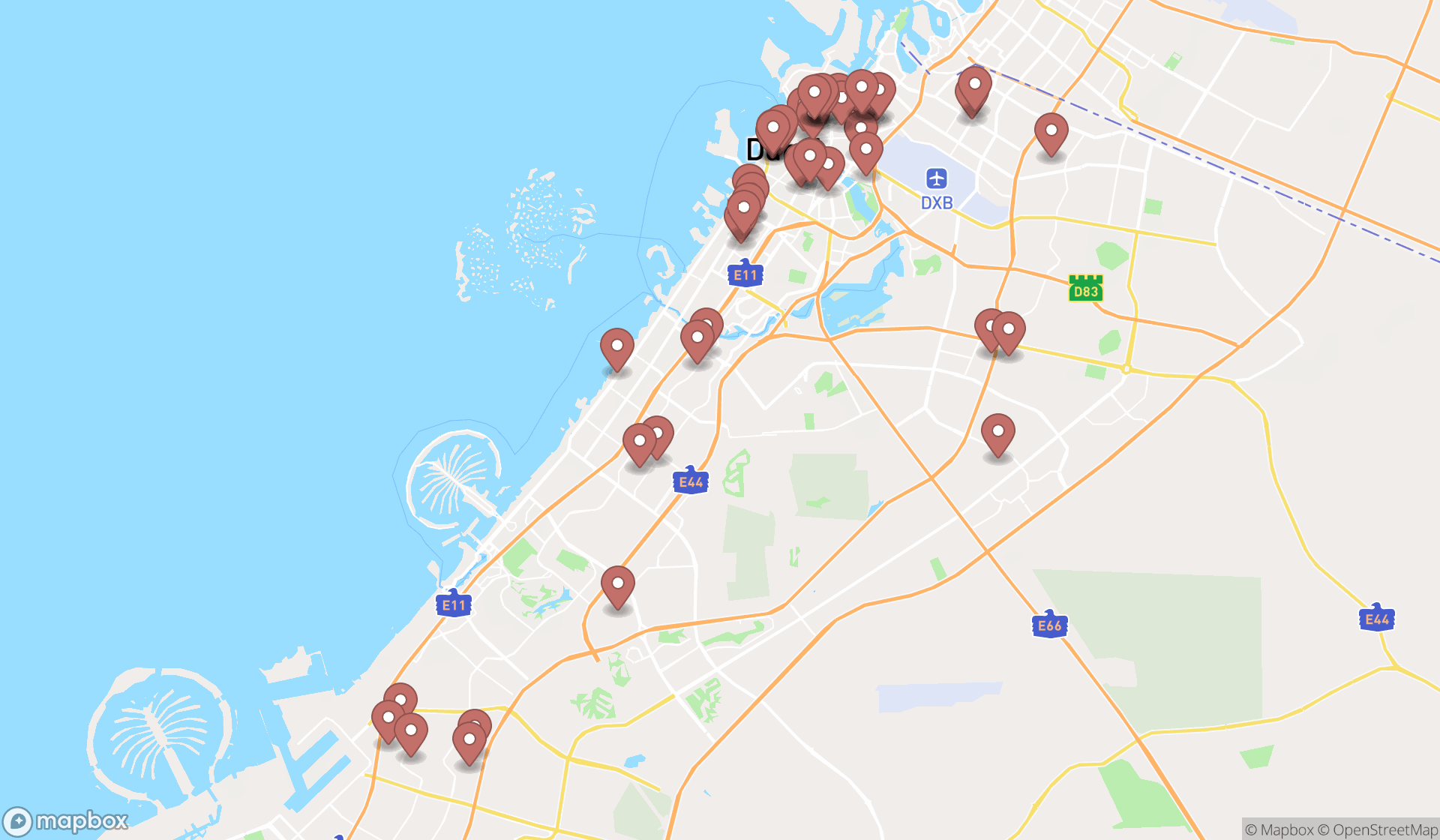 Map showing the search results in Dubai