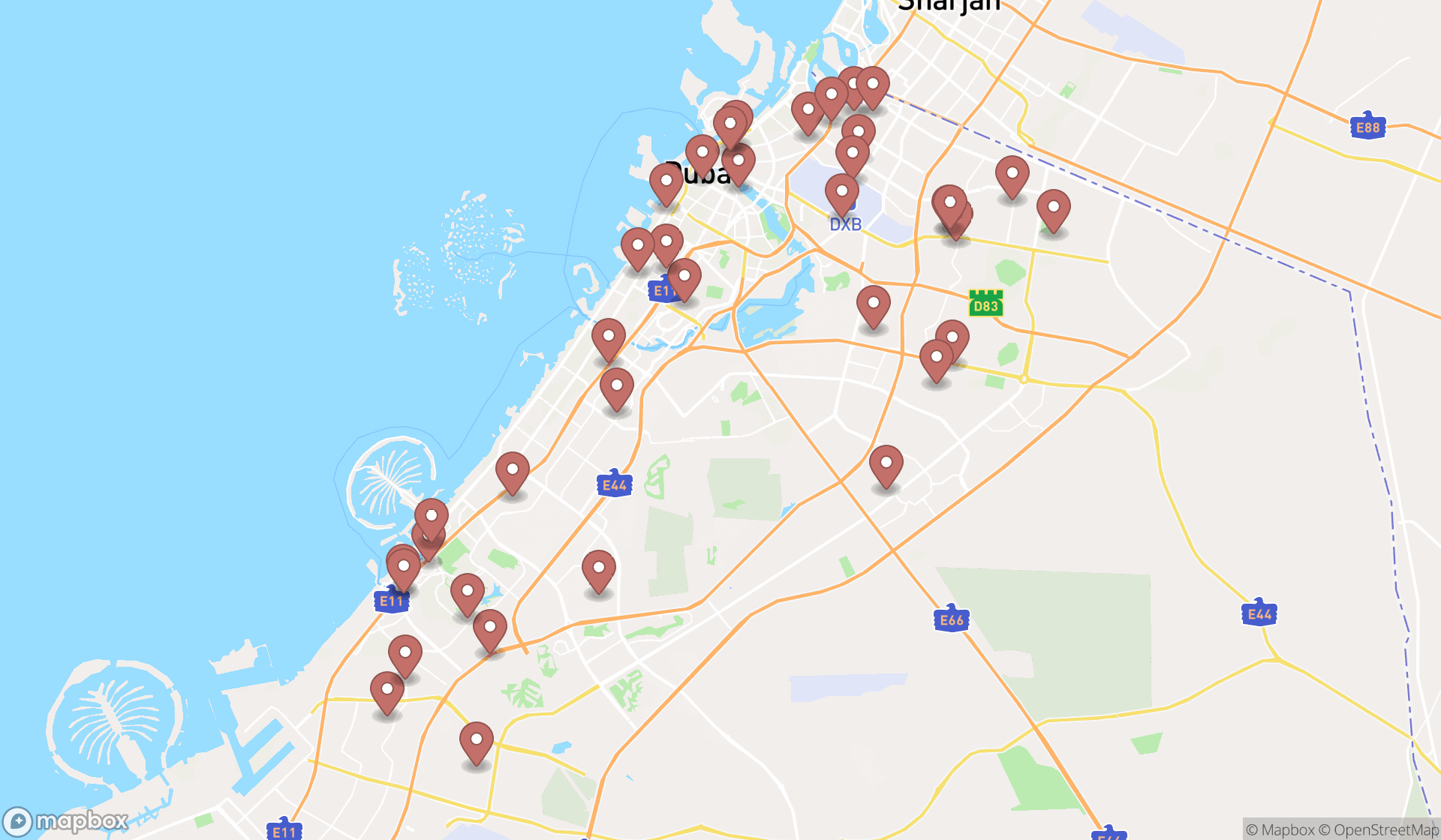 Map showing the search results in Dubai