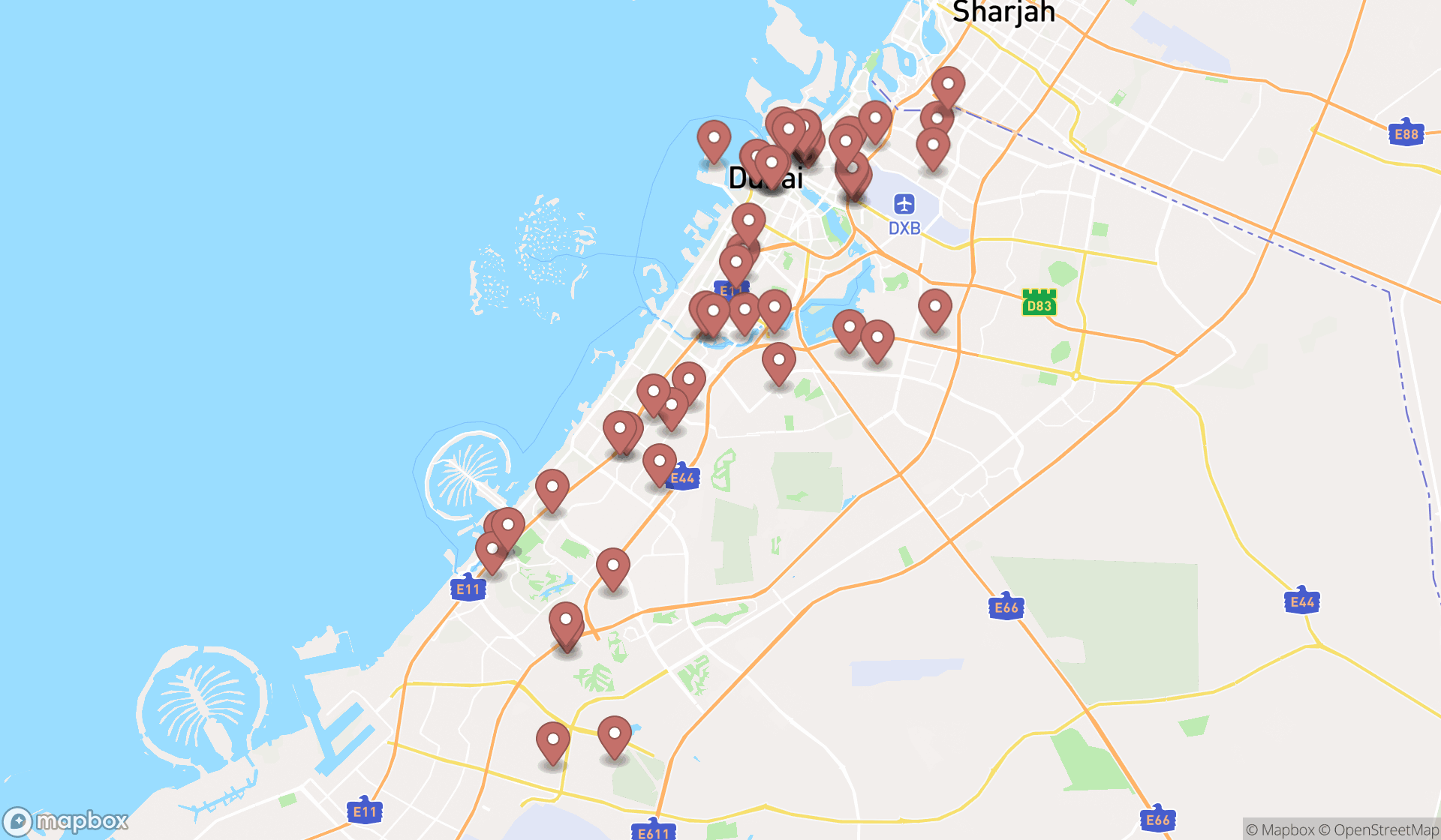 Map showing the search results in Dubai