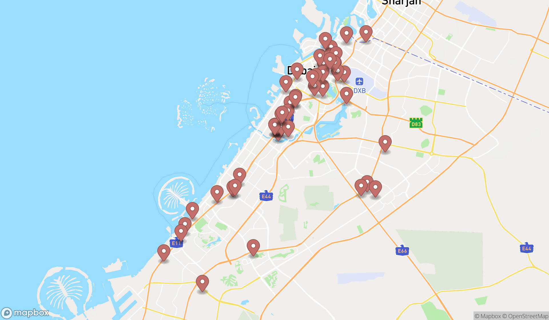 Map showing the search results in Dubai