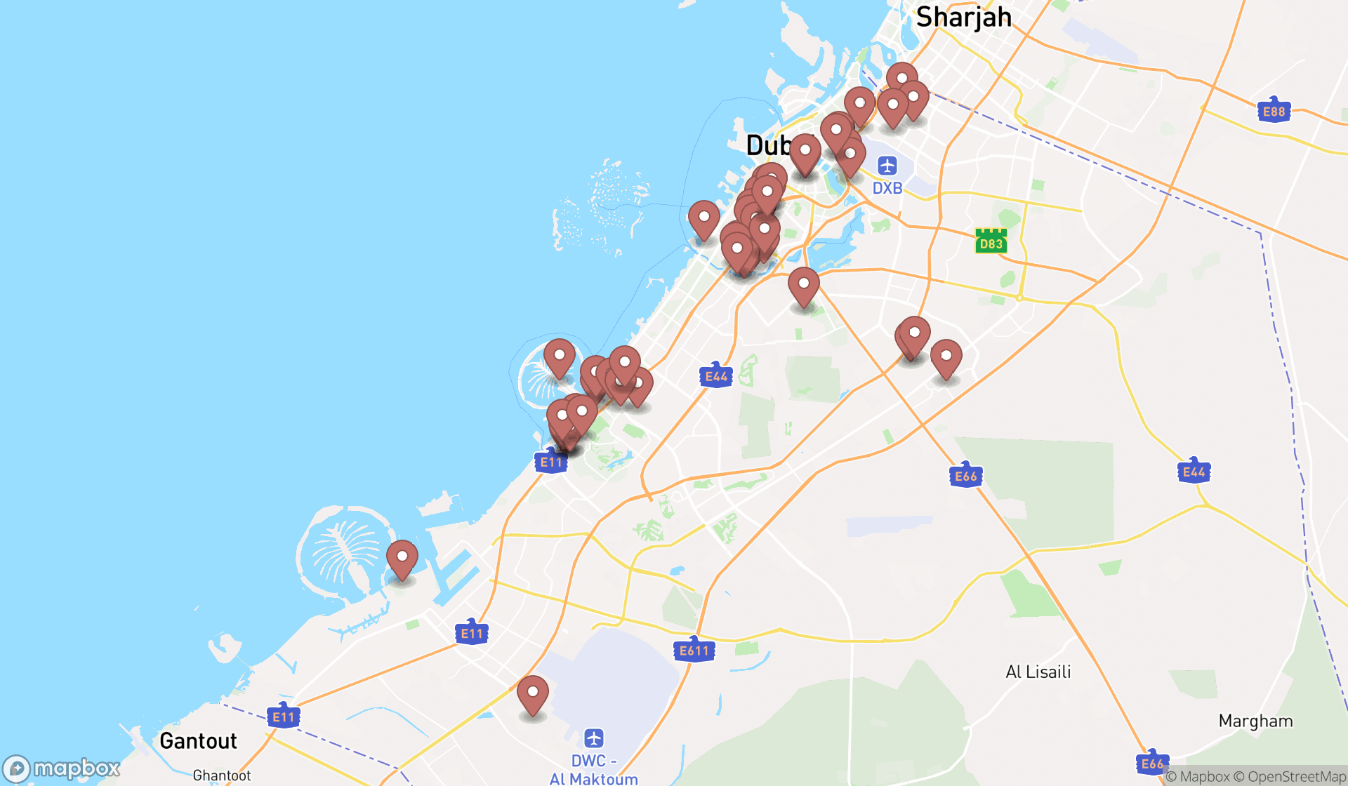Map showing the search results in Dubai