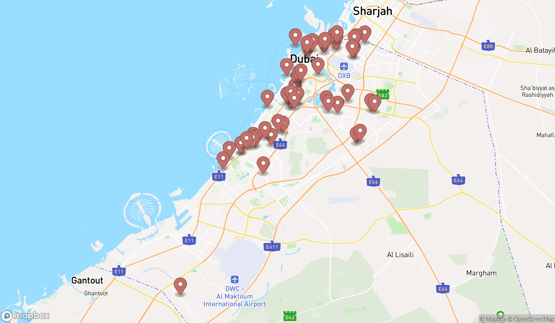 Map showing the search results in Dubai