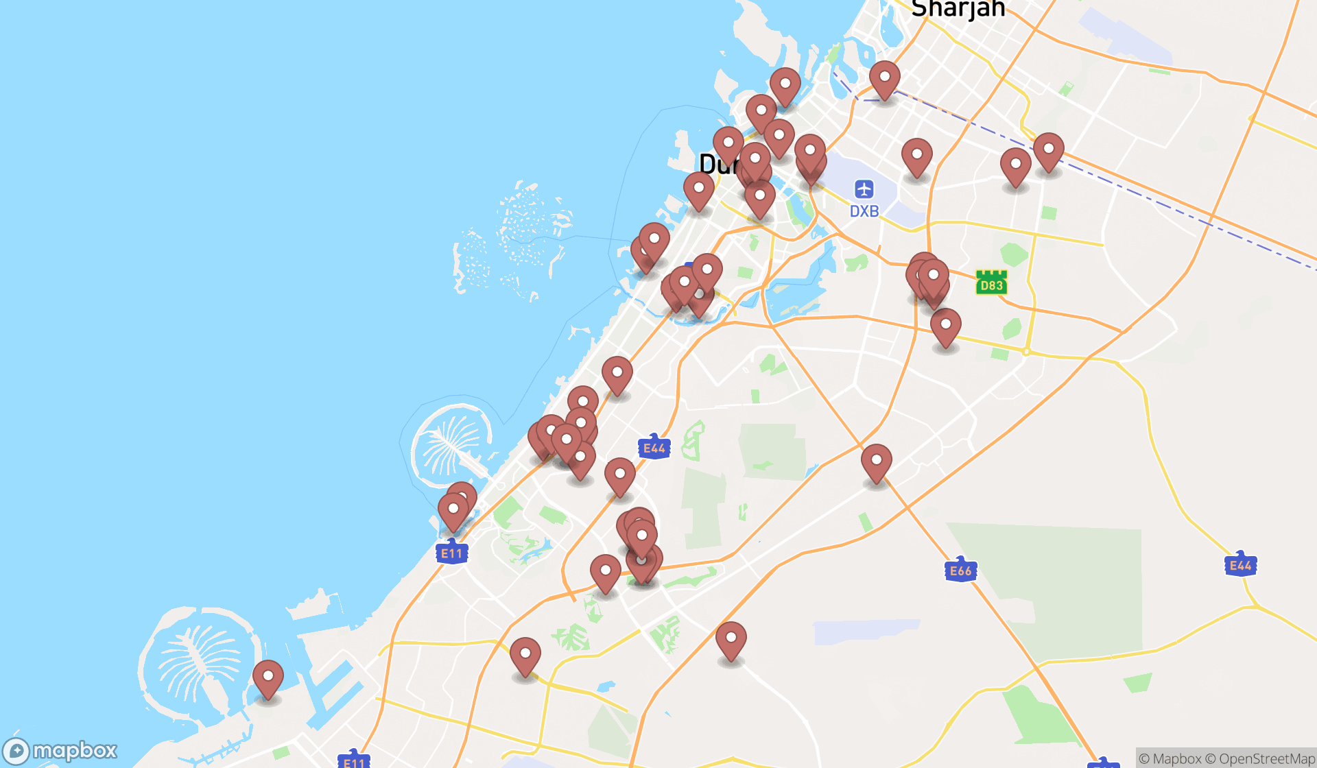 Map showing the search results in Dubai