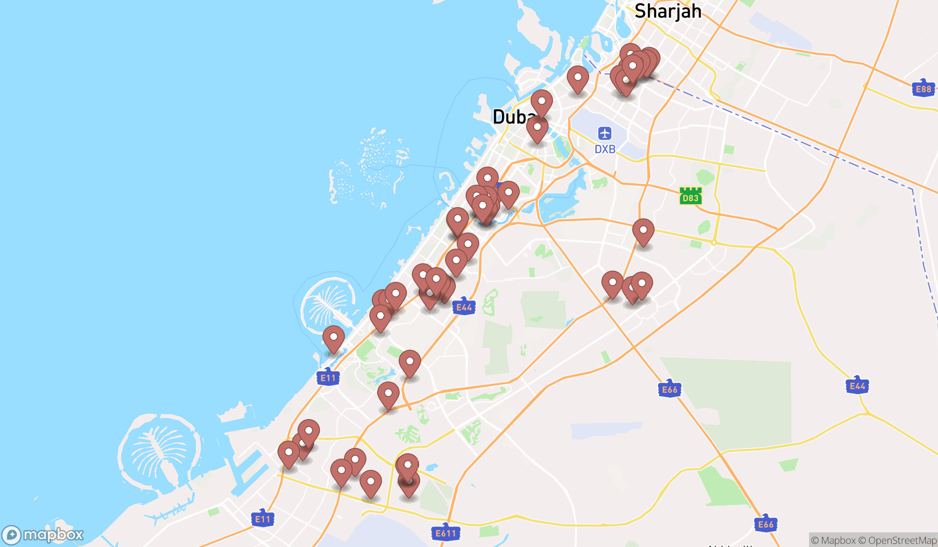 Map showing the search results in Dubai