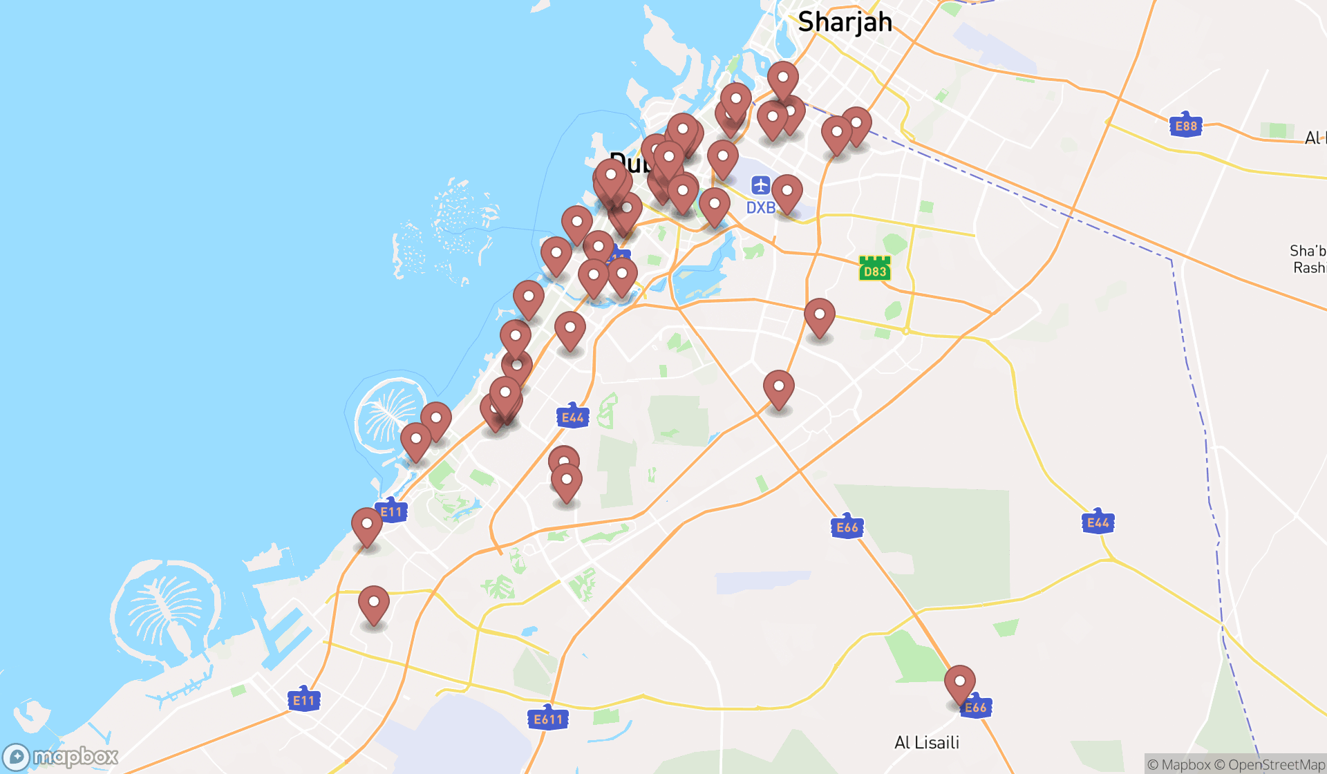 Map showing the search results in Dubai