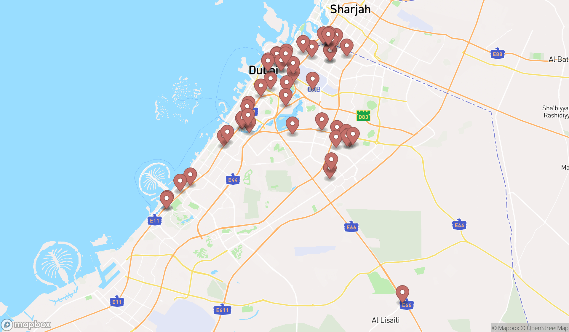 Map showing the search results in Dubai
