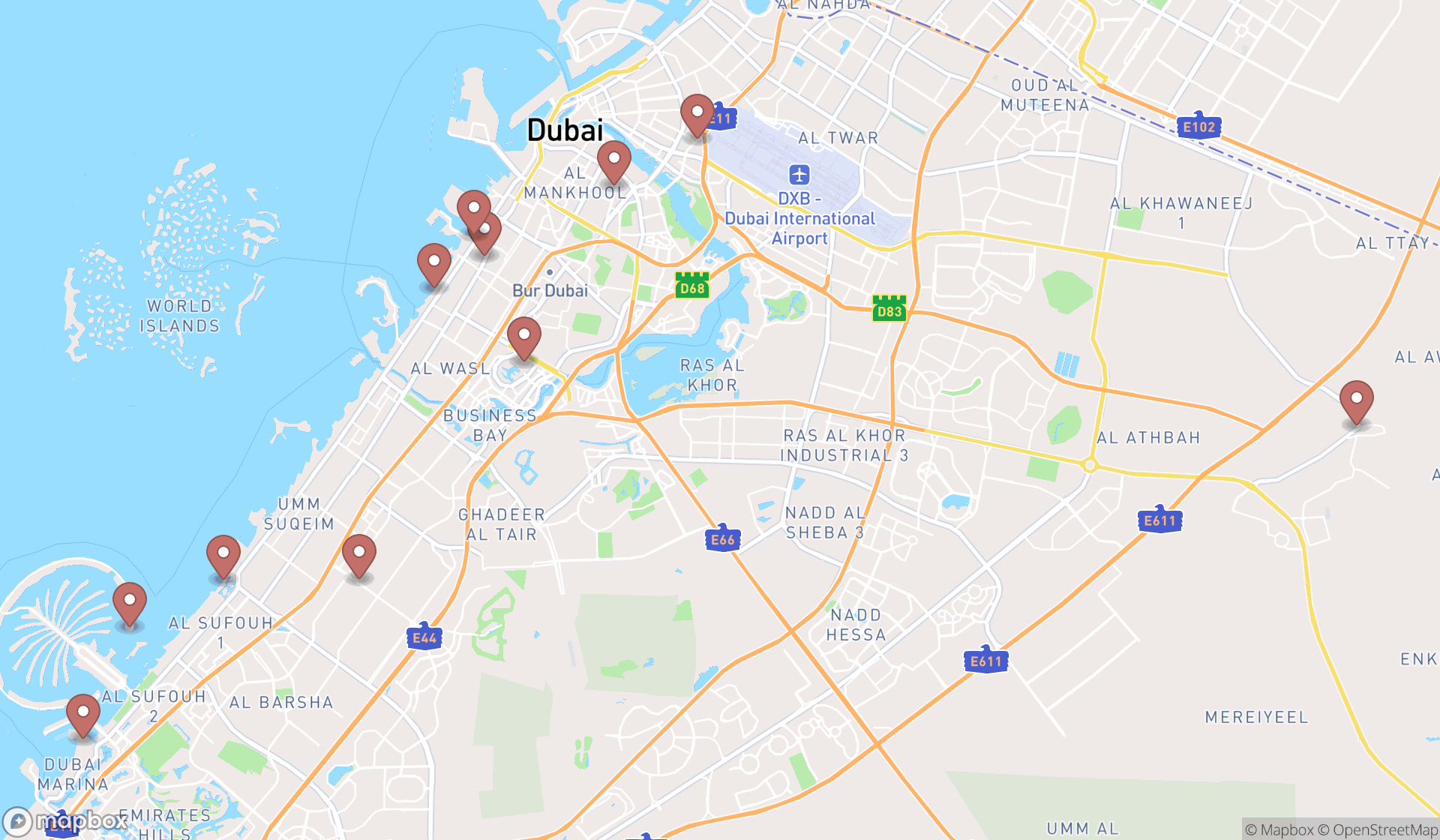 Map showing the search results in Dubai