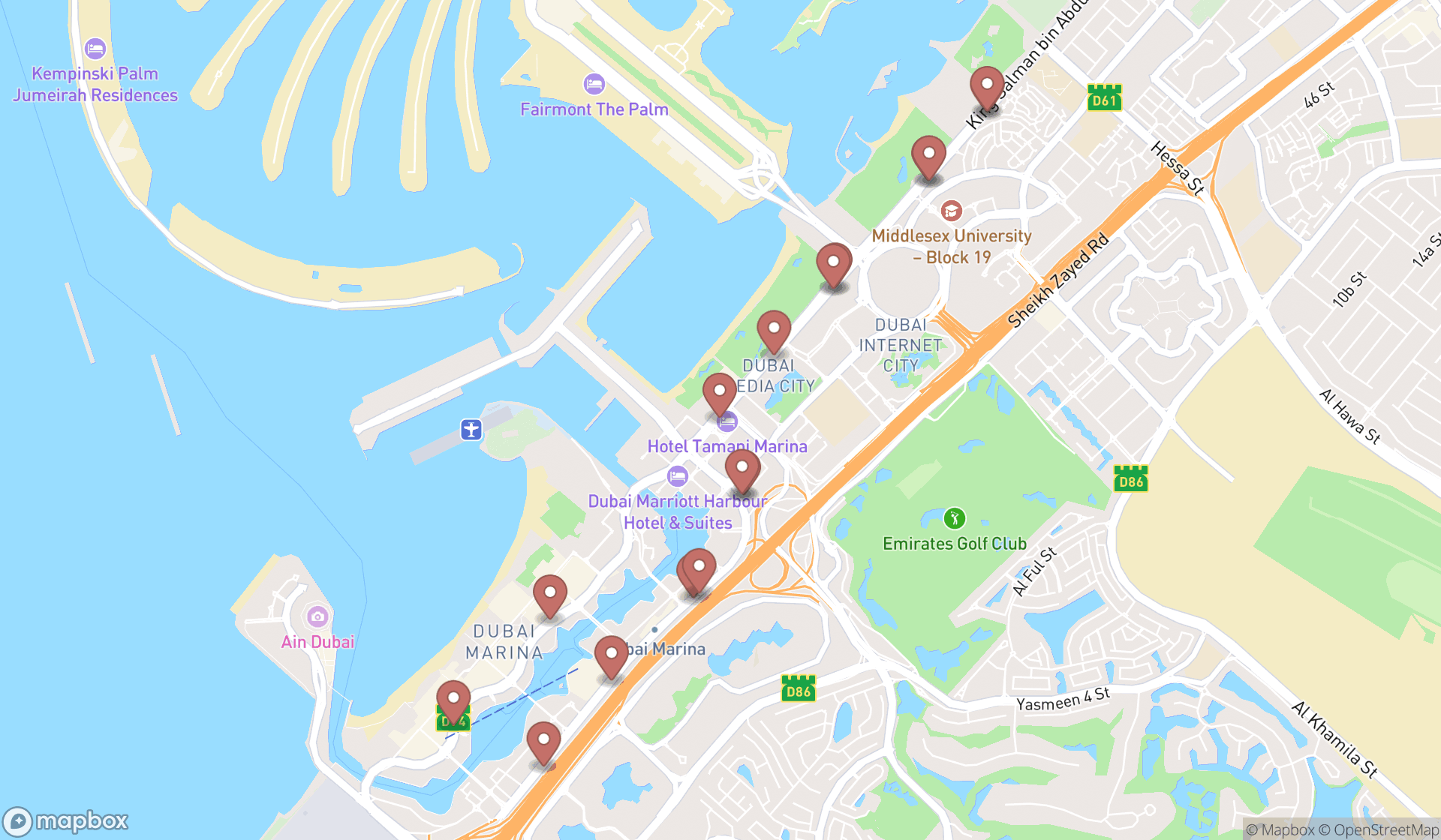 Map showing the search results in Dubai