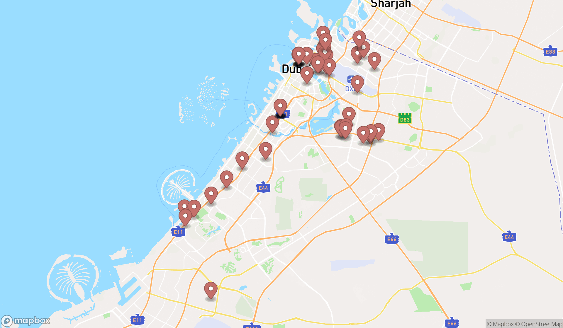 Map showing the search results in Dubai