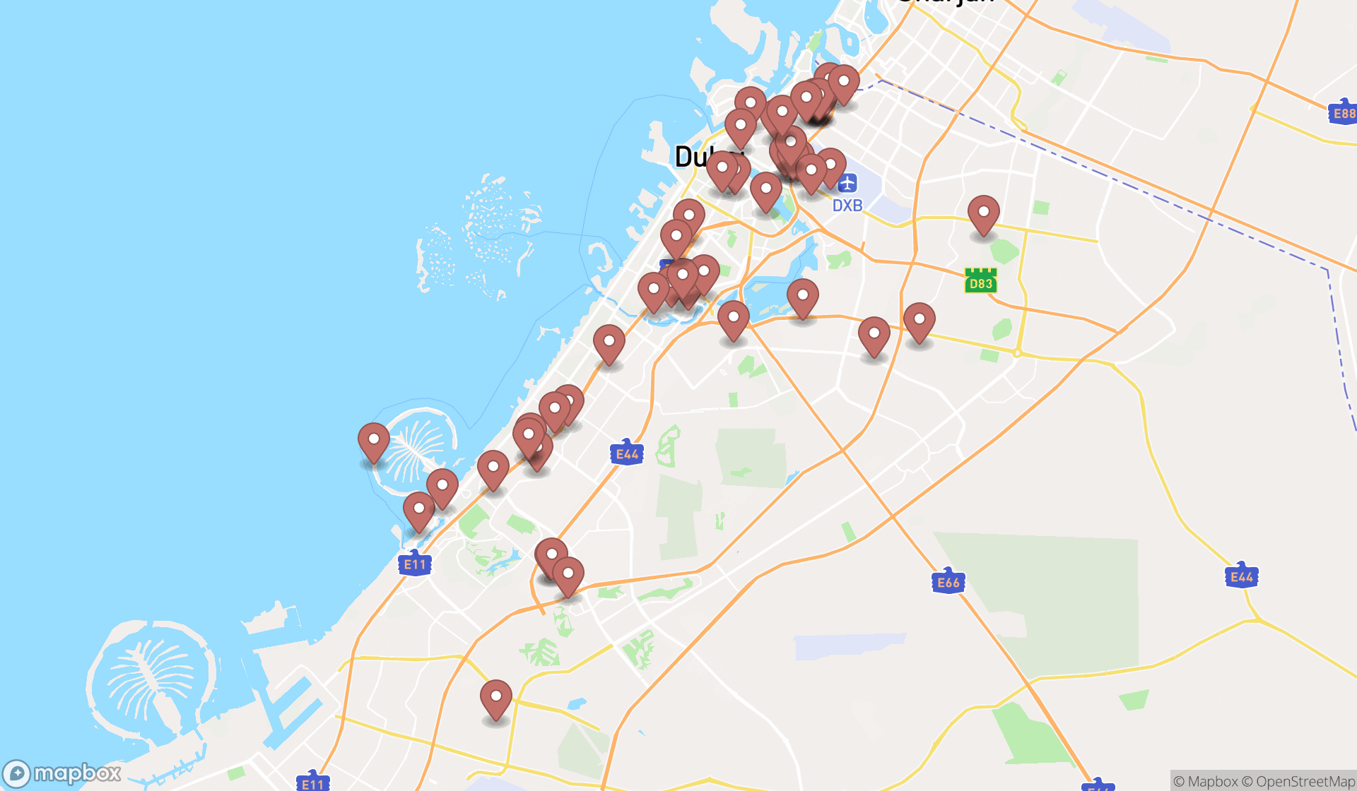 Map showing the search results in Dubai