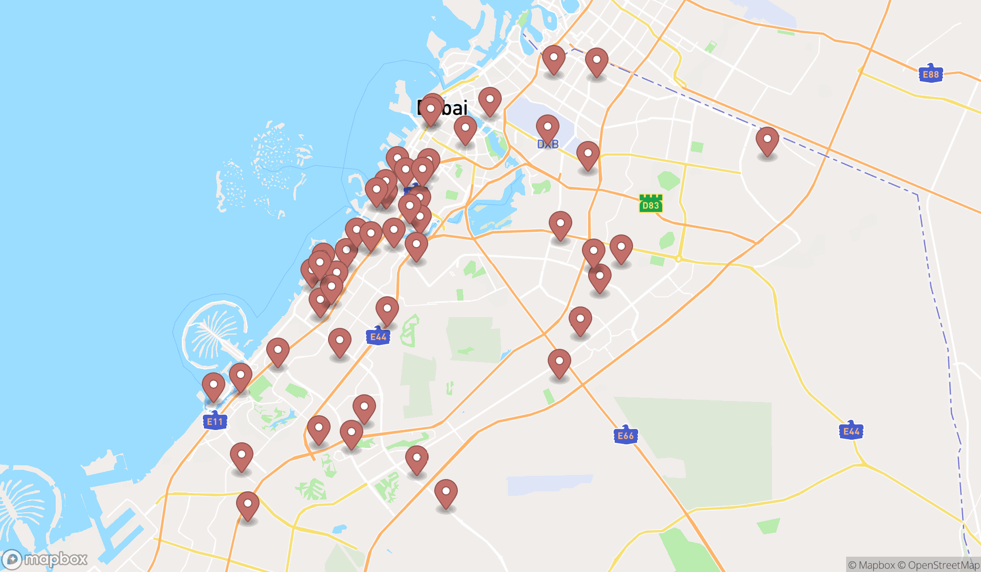 Map showing the search results in Dubai