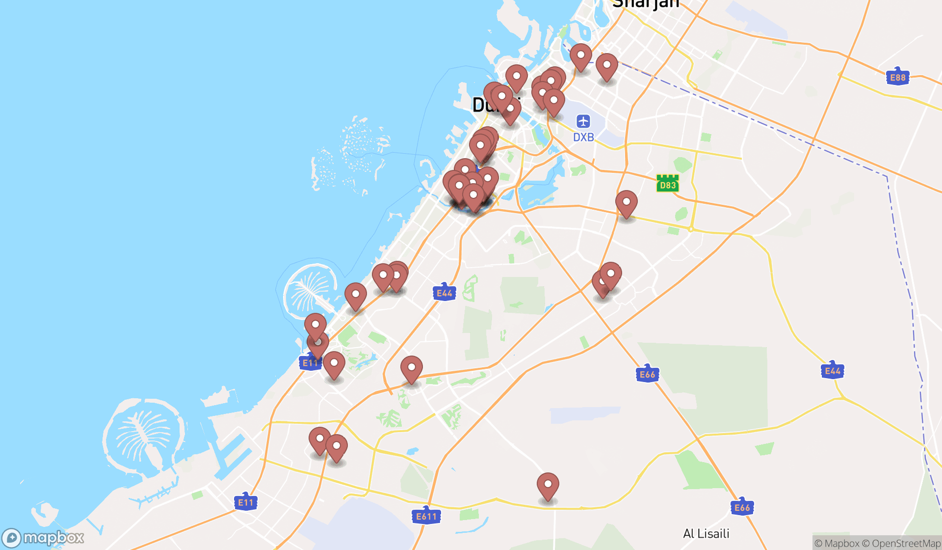 Map showing the search results in Dubai