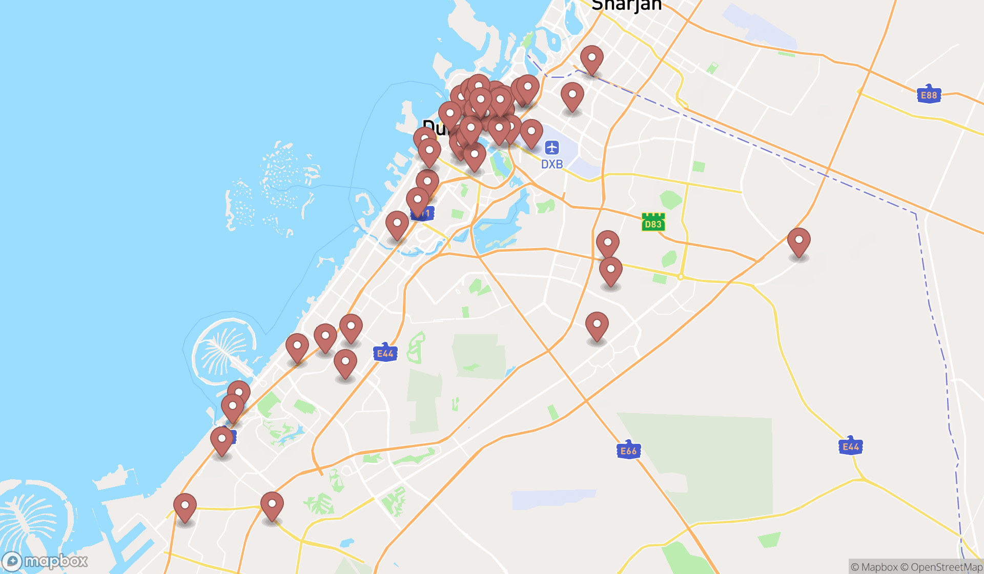 Map showing the search results in Dubai