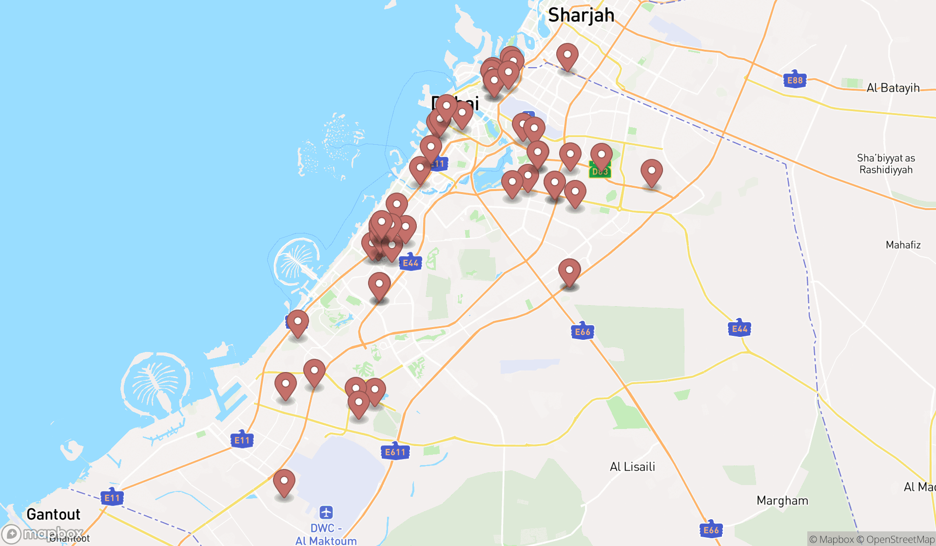 Map showing the search results in Dubai