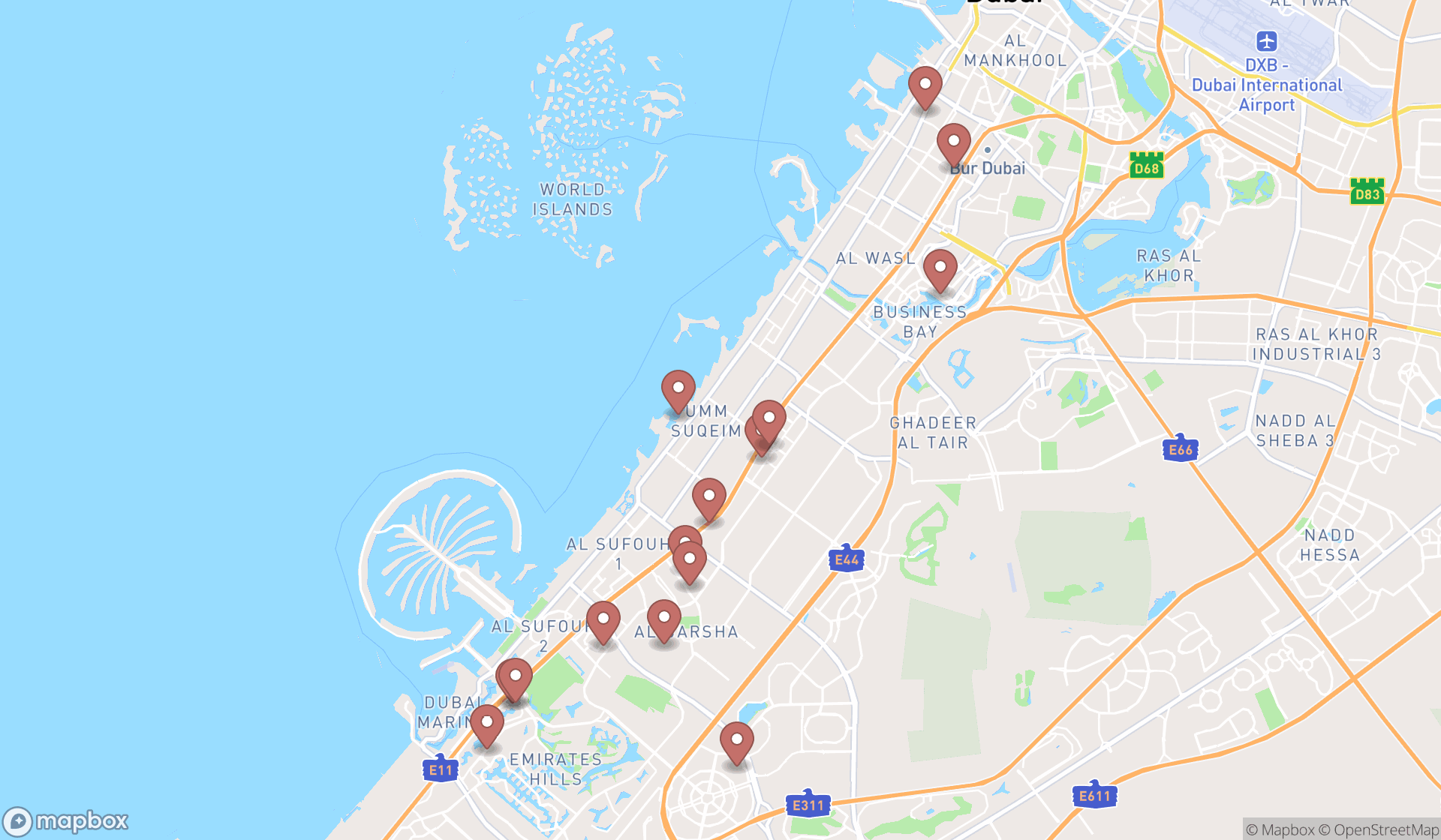 Map showing the search results in Dubai