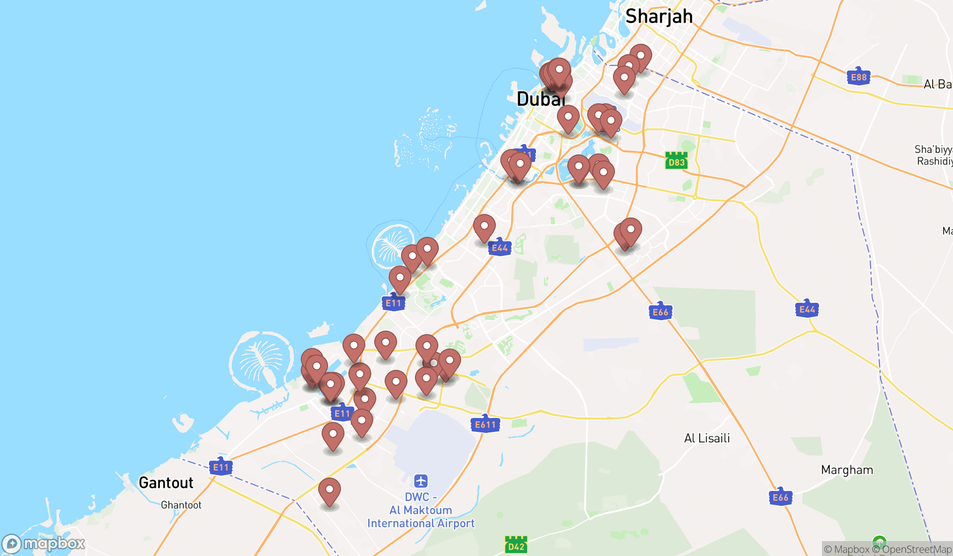 Map showing the search results in Dubai