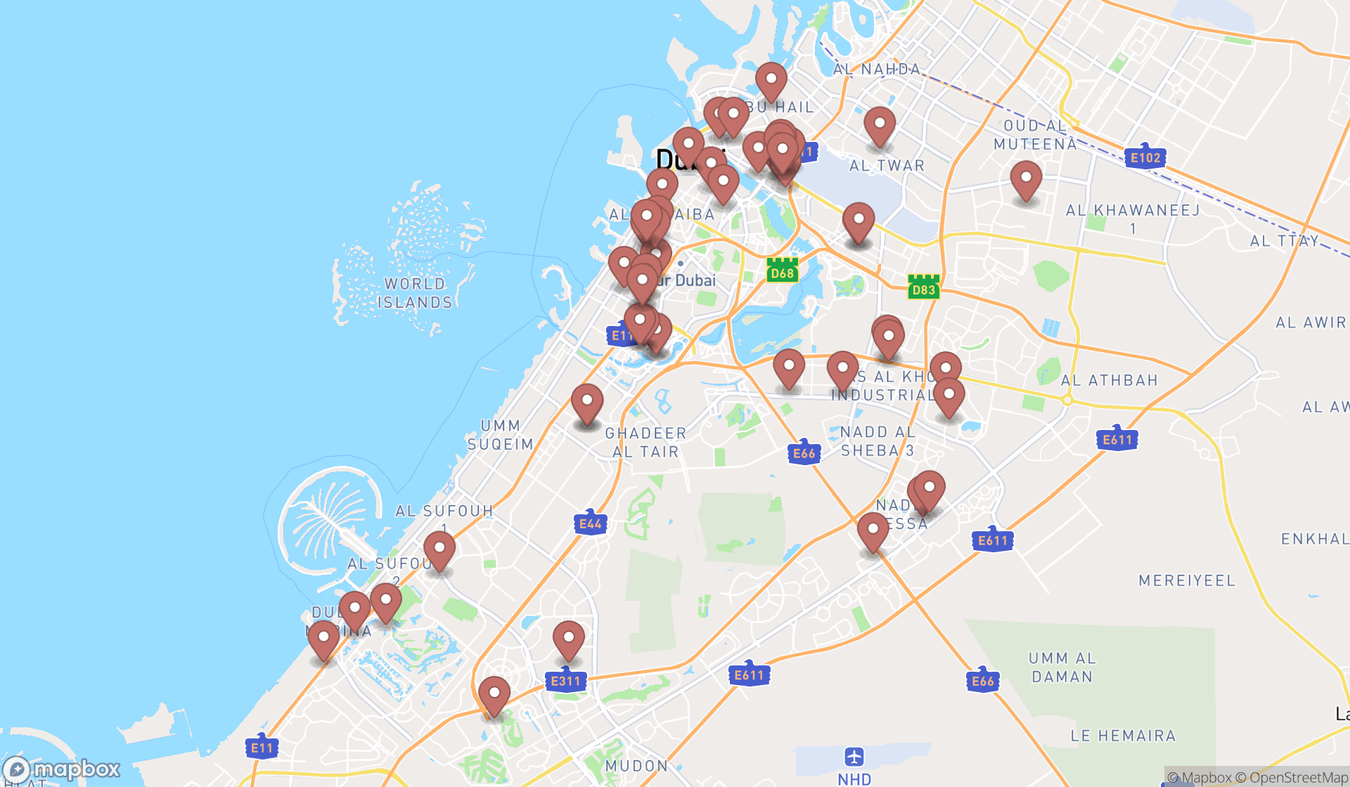 Map showing the search results in Dubai