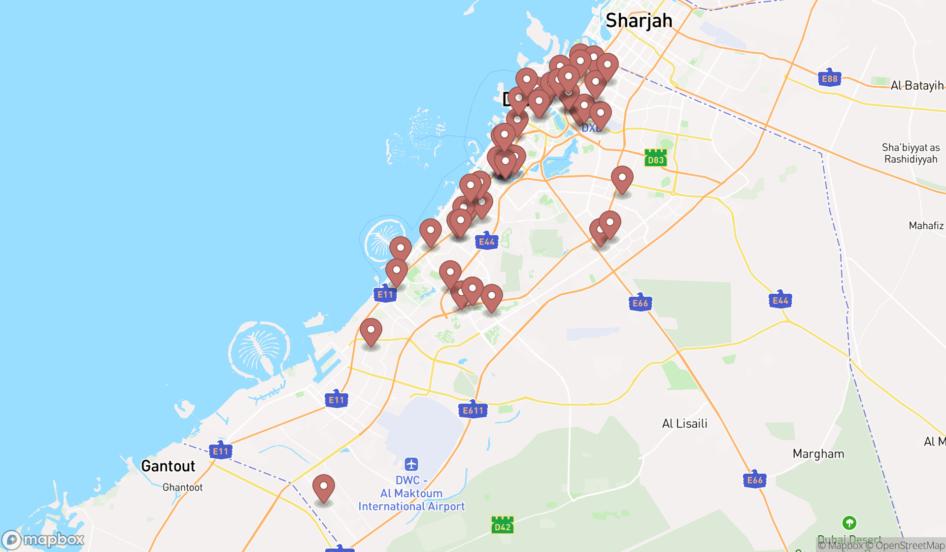Map showing the search results in Dubai