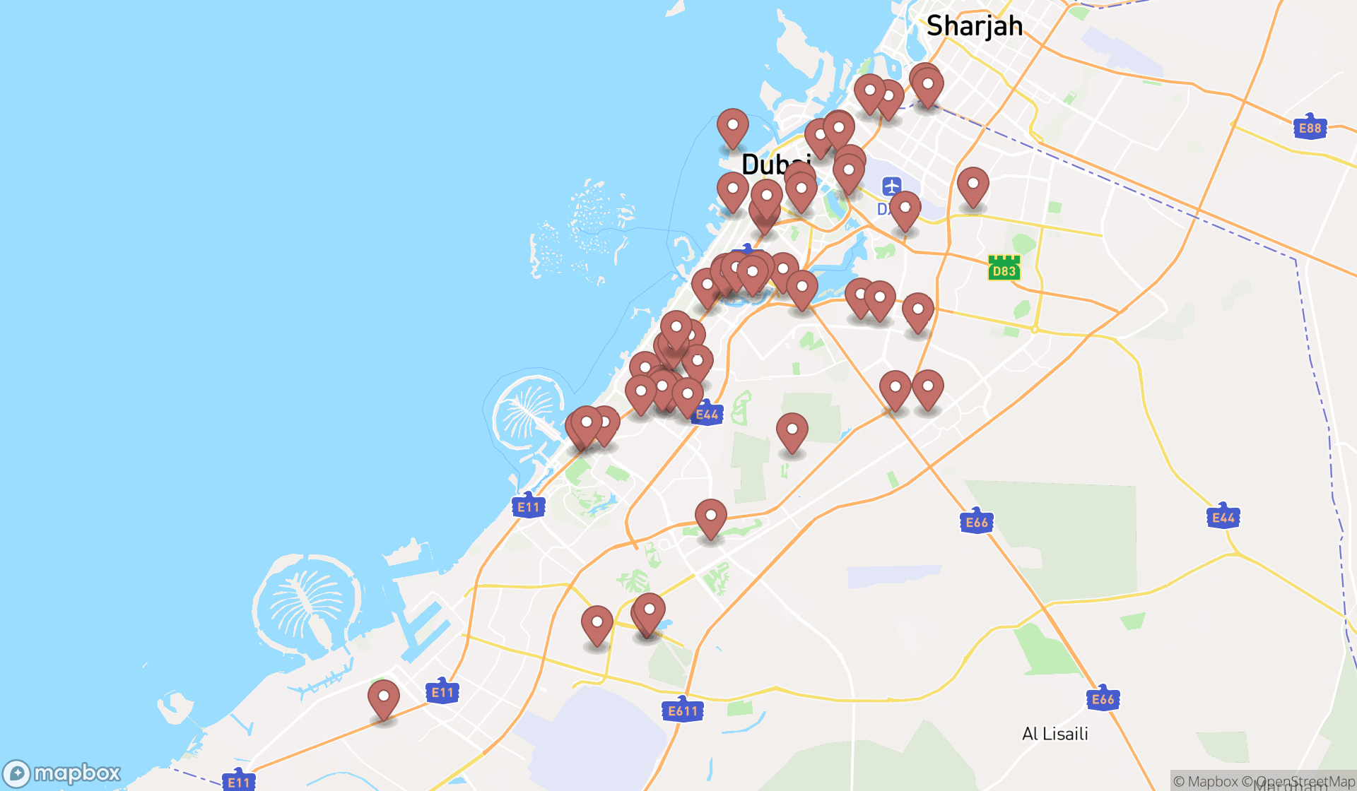 Map showing the search results in Dubai