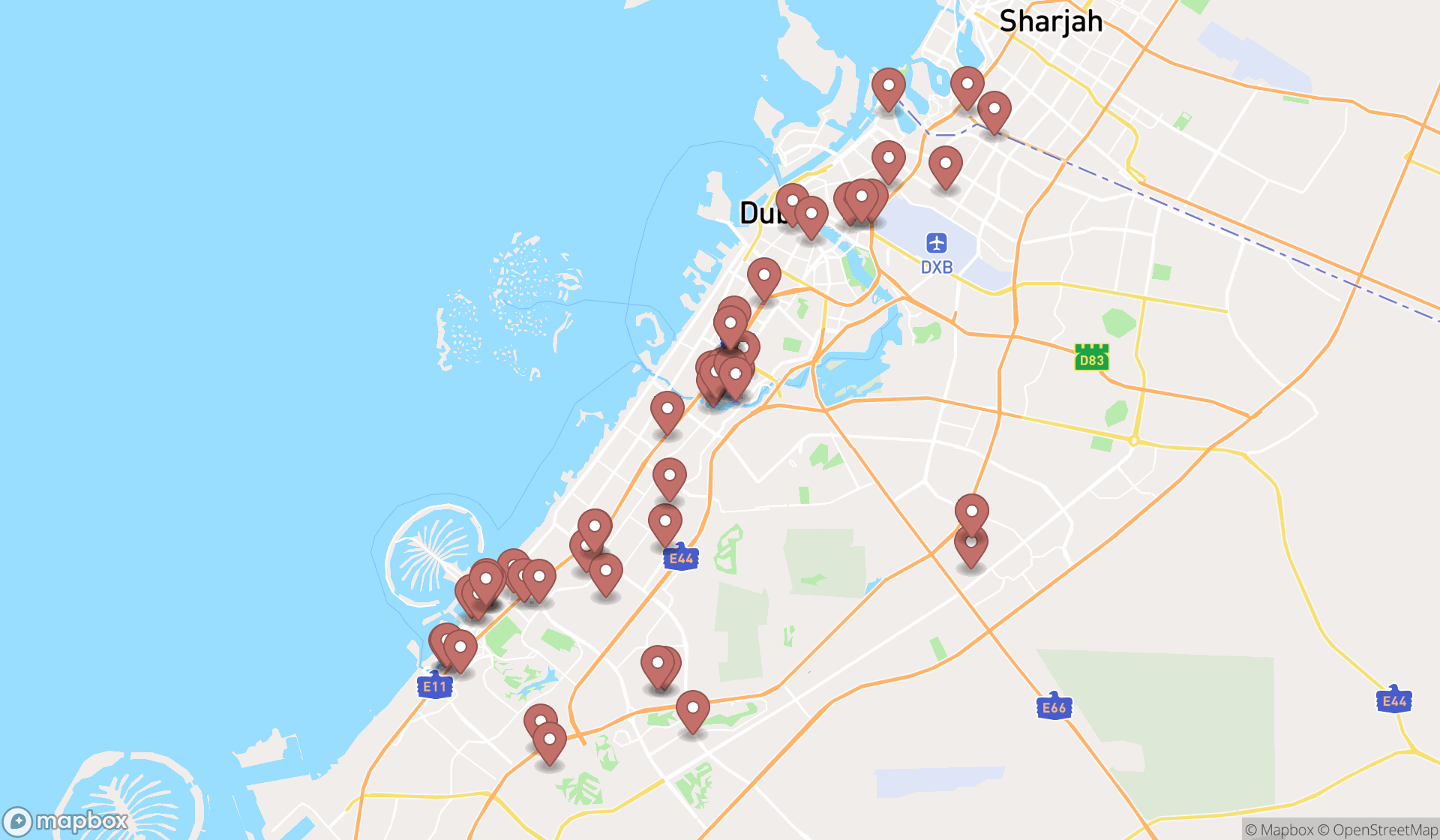 Map showing the search results in Dubai