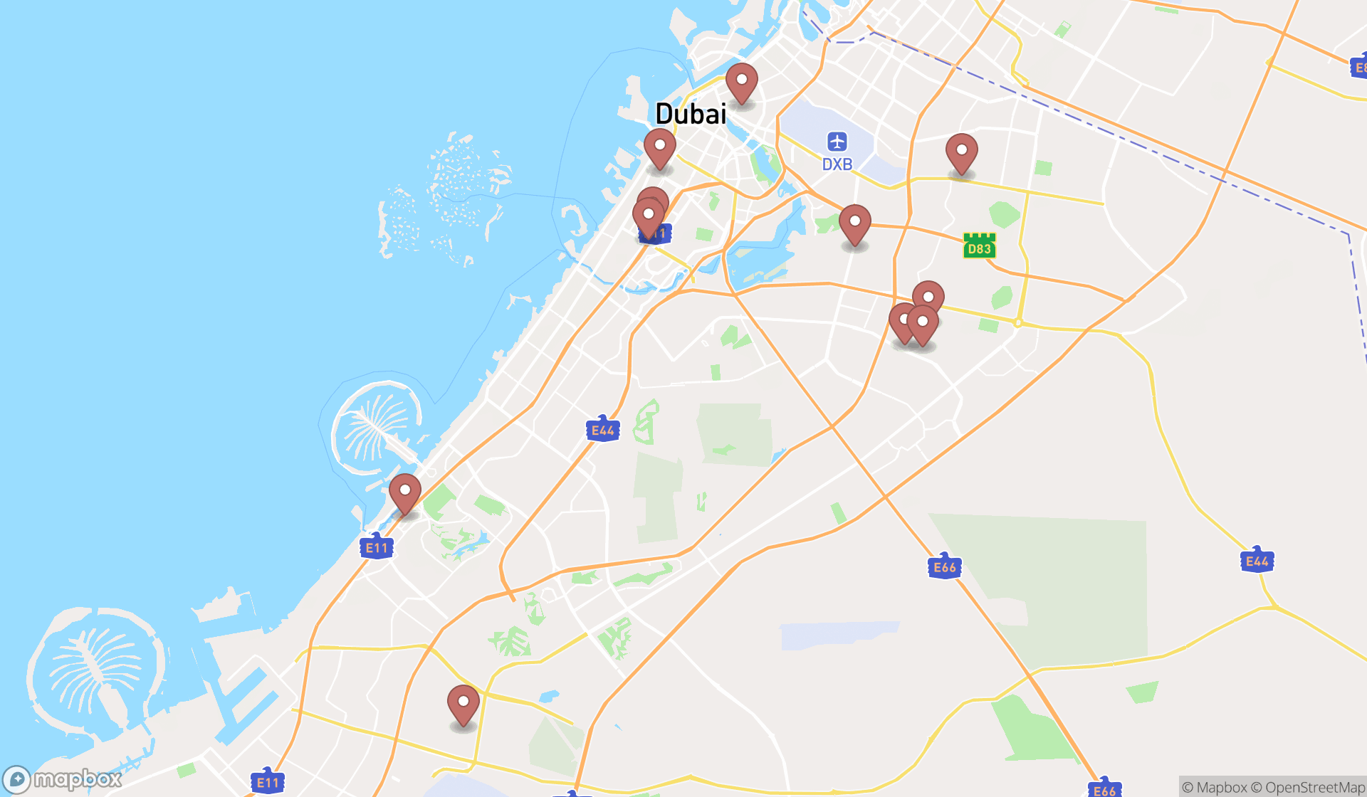Map showing the search results in Dubai