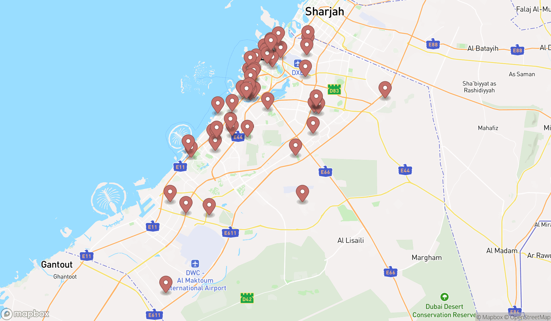 Map showing the search results in Dubai