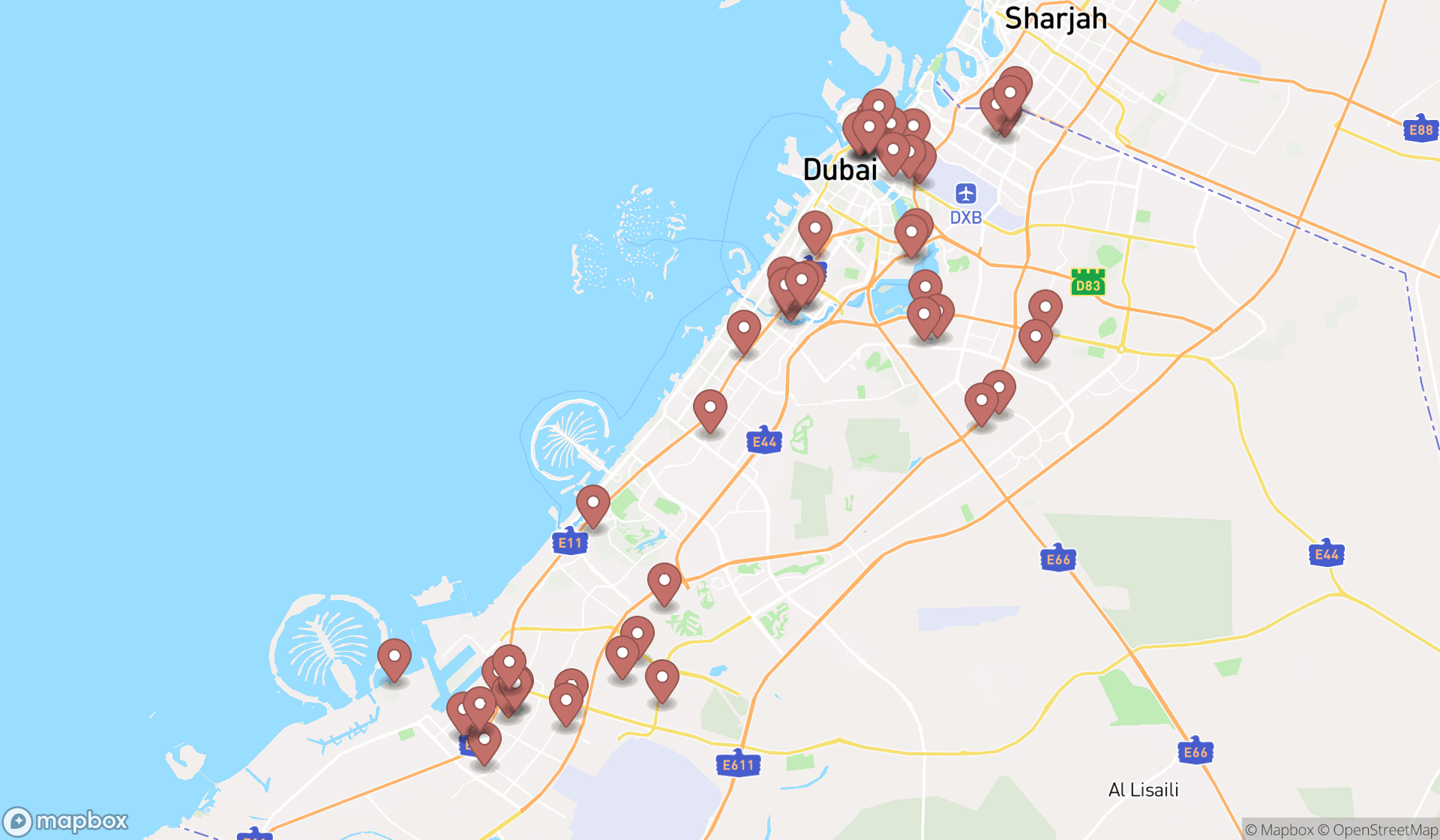Map showing the search results in Dubai