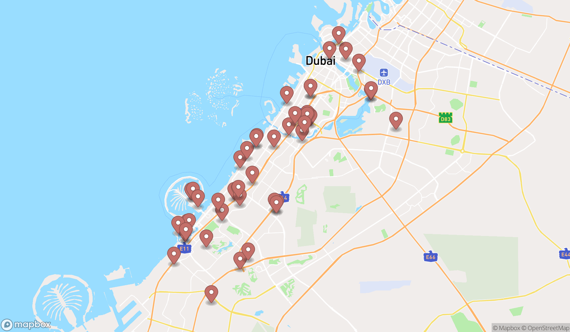 Map showing the search results in Dubai