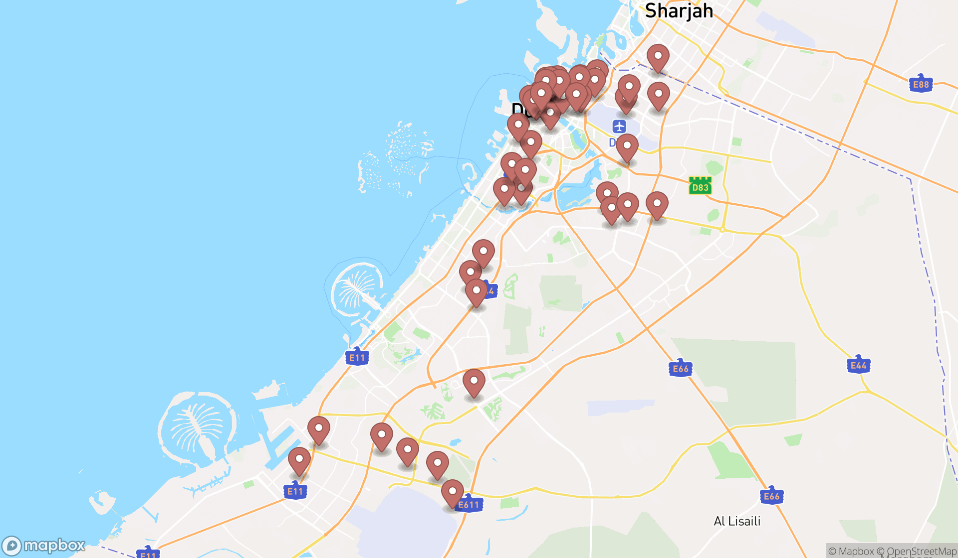 Map showing the search results in Dubai