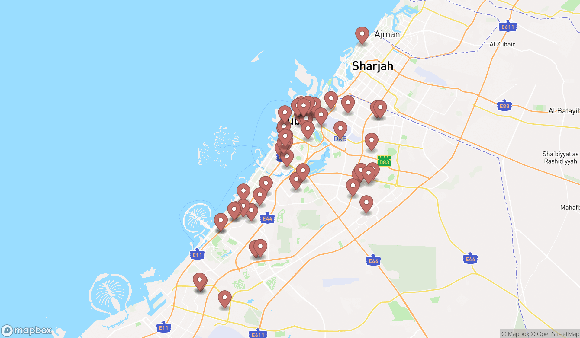Map showing the search results in Dubai