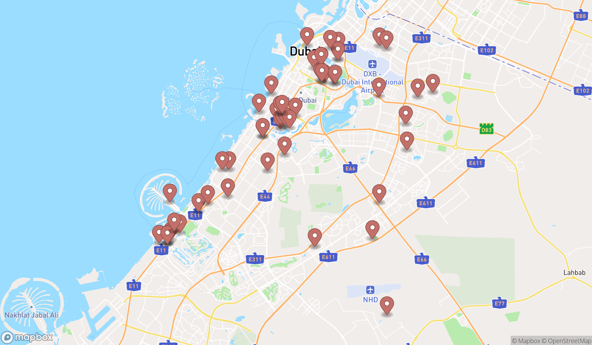 Map showing the search results in Dubai