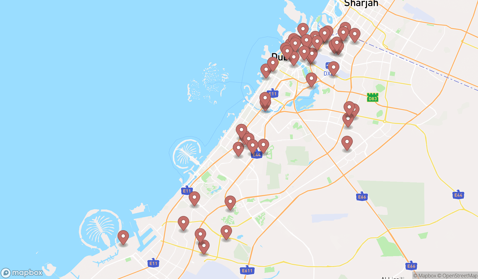 Map showing the search results in Dubai