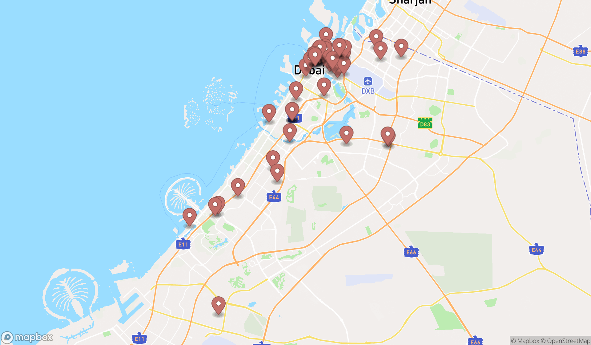 Map showing the search results in Dubai