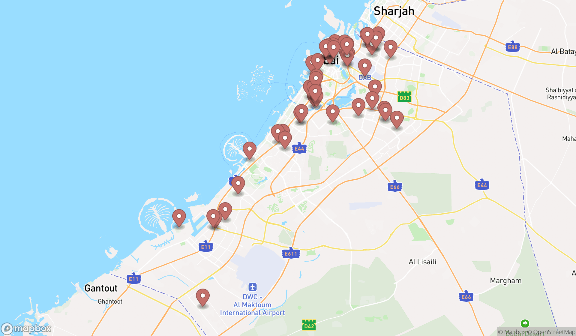 Map showing the search results in Dubai