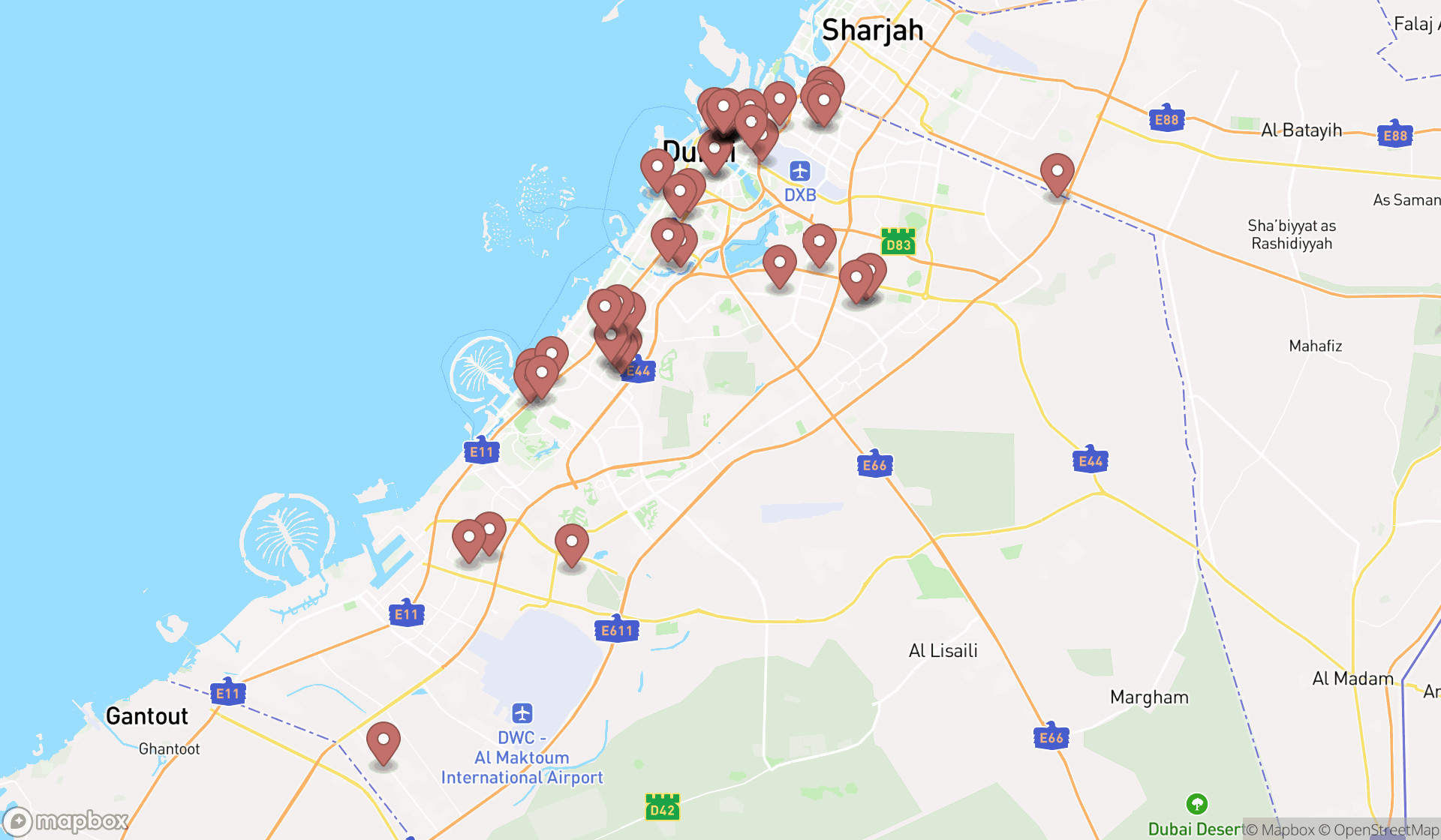 Map showing the search results in Dubai