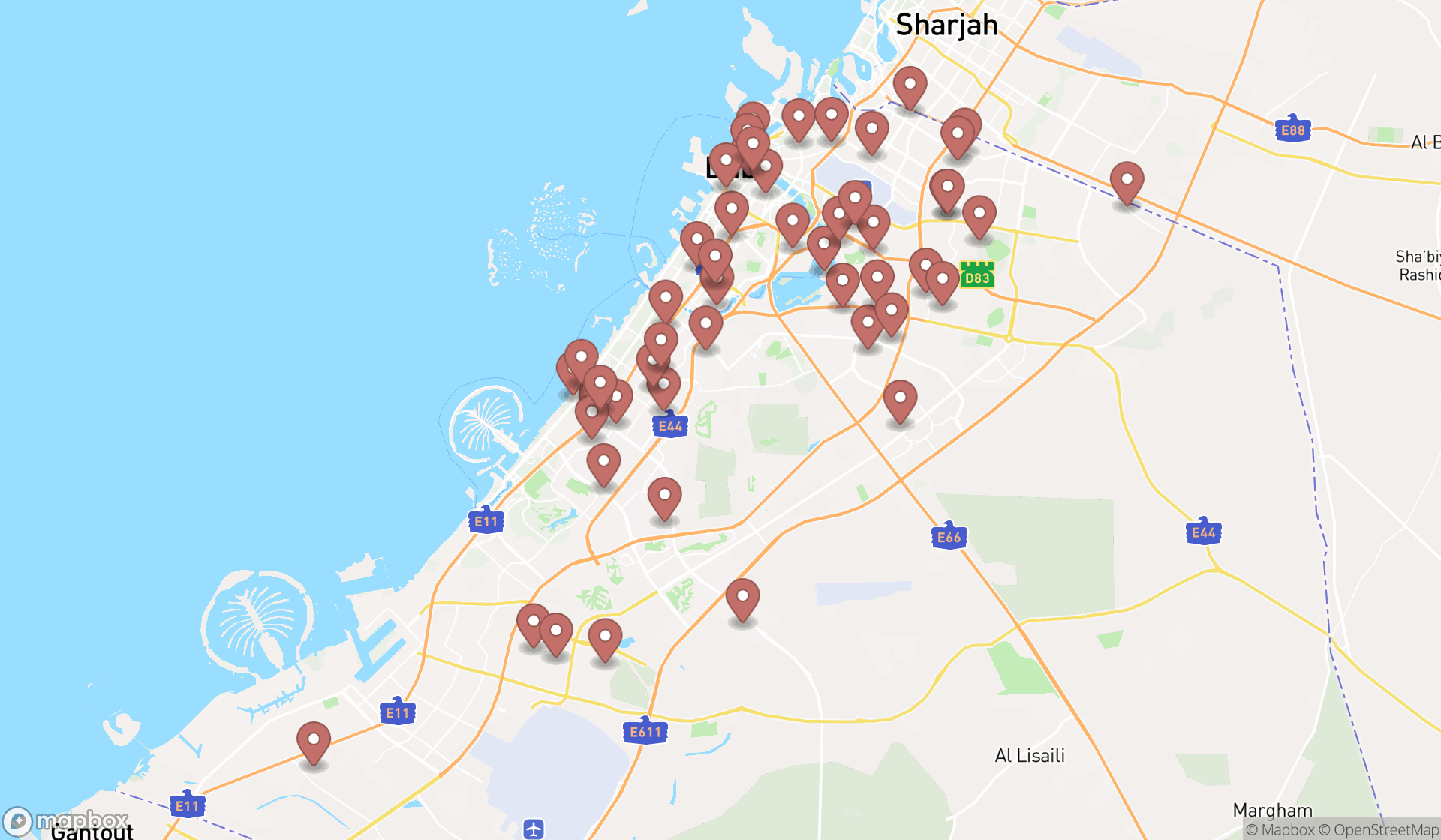 Map showing the search results in Dubai