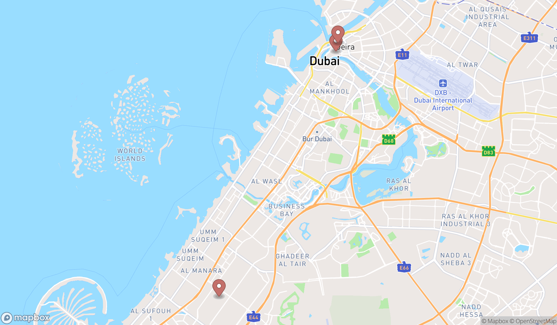 Map showing the search results in Dubai