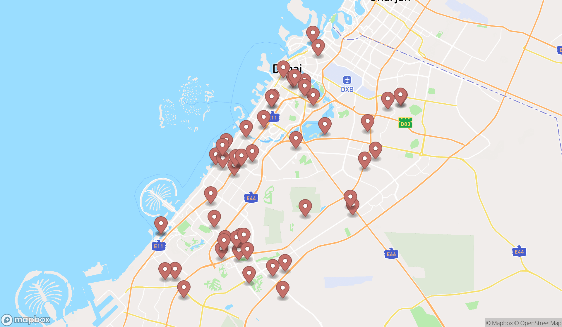 Map showing the search results in Dubai