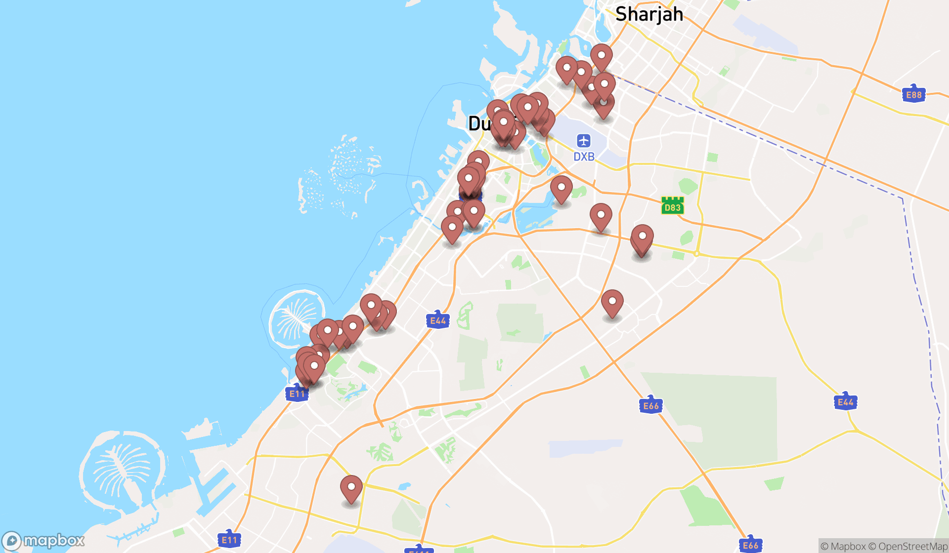 Map showing the search results in Dubai