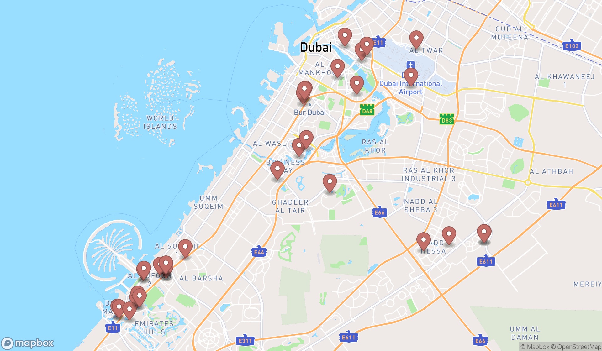 Map showing the search results in Dubai