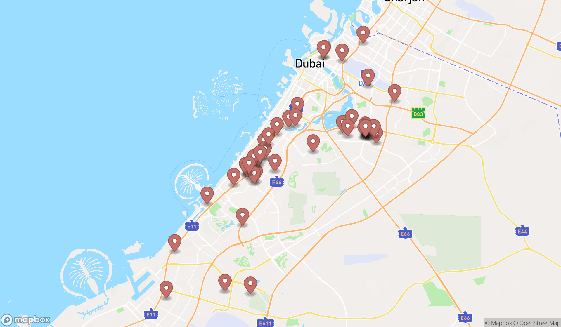Map showing the search results in Dubai