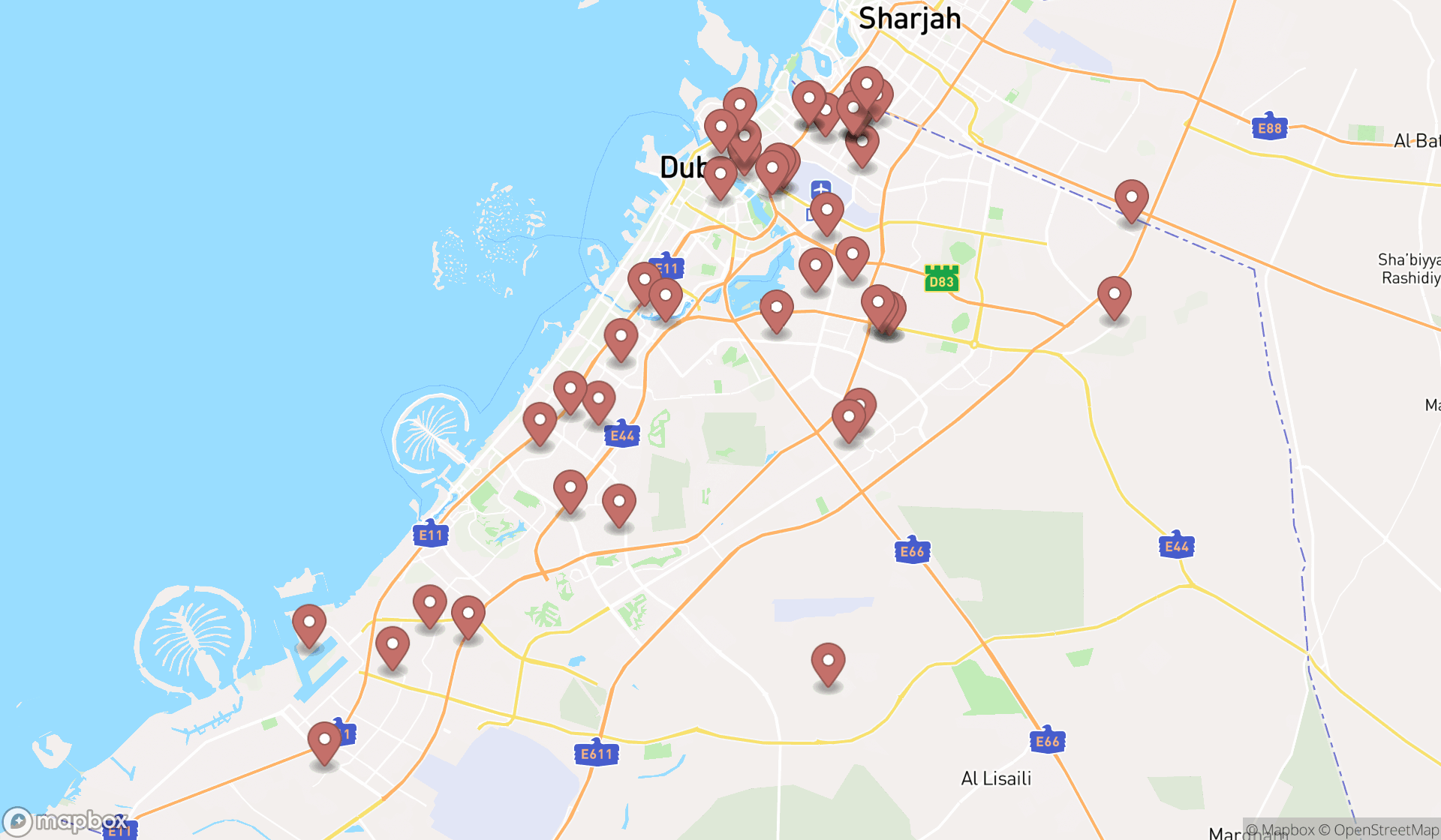 Map showing the search results in Dubai