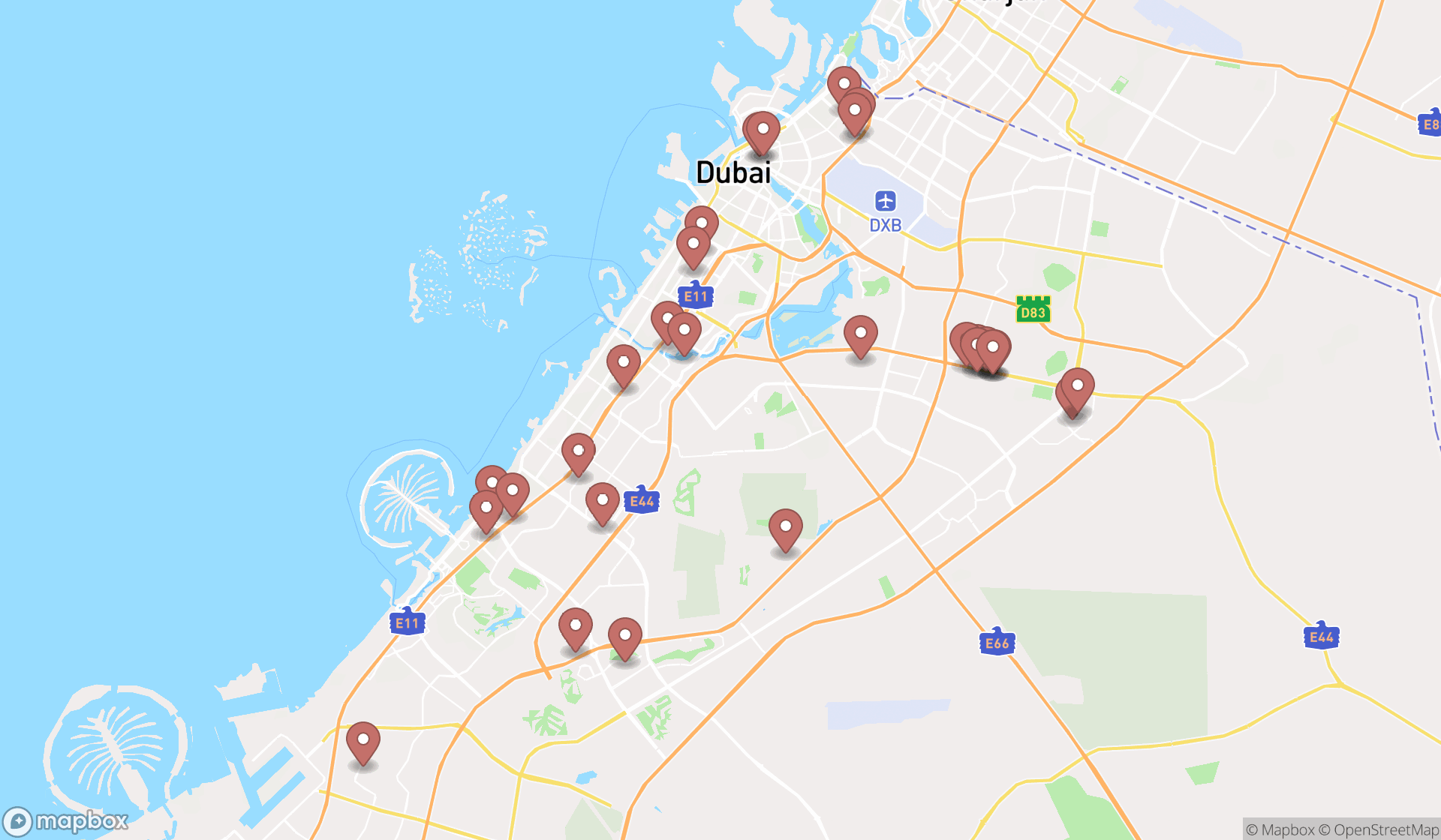 Map showing the search results in Dubai
